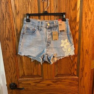 Levi's Women's 501 Light Blue Jean Shorts with  Floral Accent